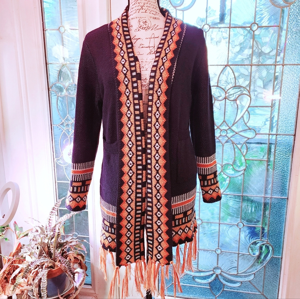 Boho Cozy Cardigan with Aztec Pattern & Fringe Black